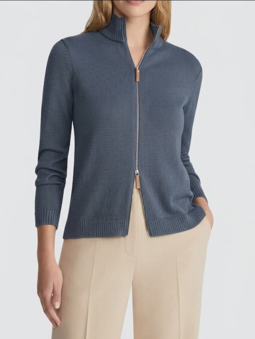 Lafayette 148 New York Cotton Silk Tape Fitted Bomber Sweater